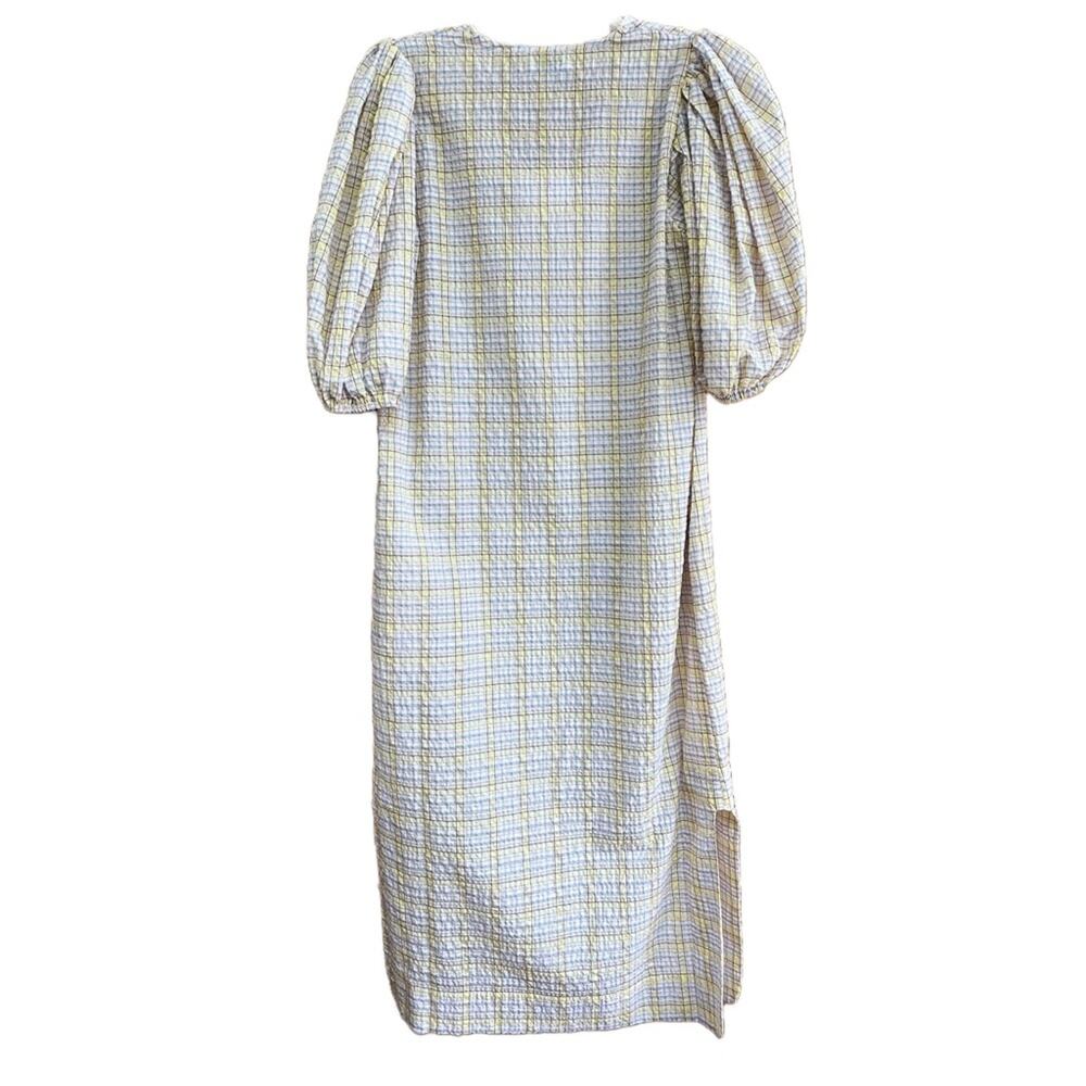GANNI Seersucker Check Print Puff Sleeve Midi Dress - Picture 10 of 14